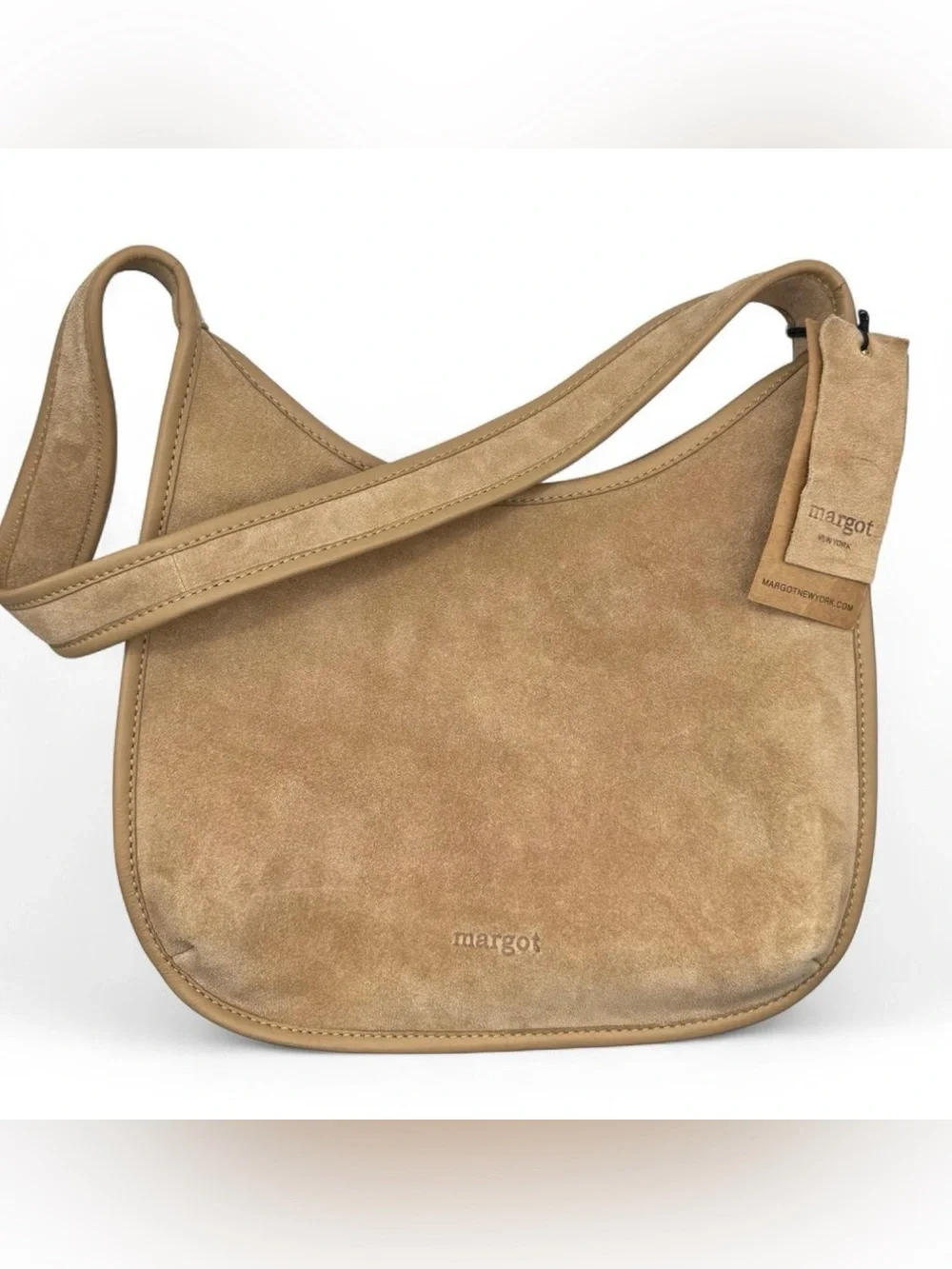 Margot New York Curved Zip Hobo Bag Beige Suede NEW